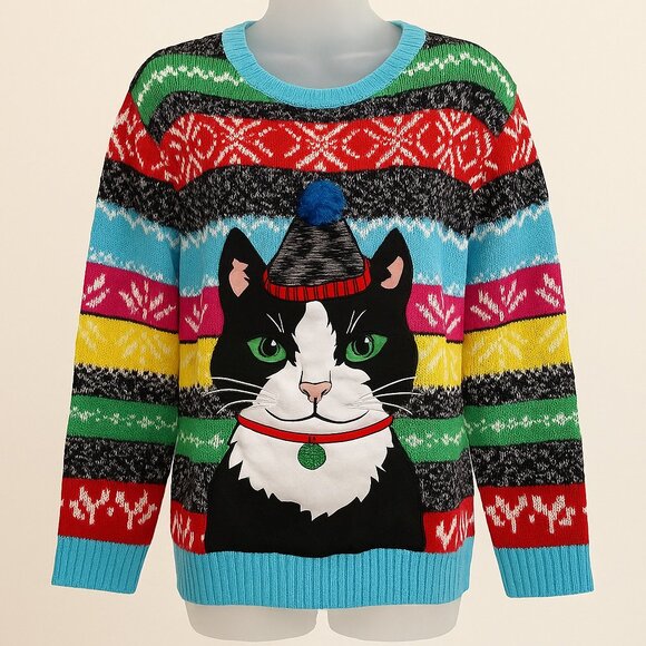 Holiday Hype Cat Christmas Sweater Pom Pom Hat Multicolor Fair Isle Festive Sz L - Picture 2 of 11